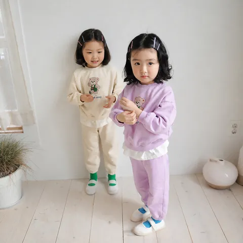 Niños Lindo Oso Estampado Jersey Sudadera Y Pantalones Largos Parte Superior E Inferior Conjunto Niña Pequeña Mezcla De Algodón Traje Informal