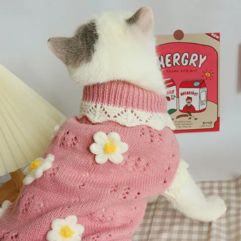 Cute Cat Sweater Autumn Winter Warm Knitted Pet Clothes Daisy Flower Lace High Neck Pullover Two-Legged Kitten Apparel
