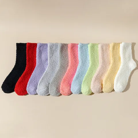 Women Winter Thickened Coral Fleece Sleep Socks Solid Color Soft Warm Fuzzy Floor Socks Sweet Casual Home Hosiery