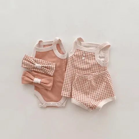 Infant Baby Summer Cotton Sleeveless Strap Bodysuit Newborn Cute Triangle Romper Headband Set