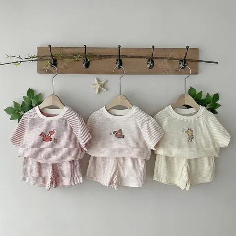Baby Summer Clothes Infant Small Animal Print Stripe Set Thin Shorts Top And Bottom Toddler Cotton Outfit