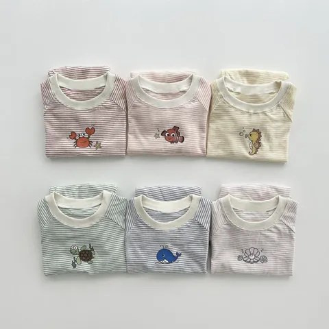 Baby Summer Clothes Infant Small Animal Print Stripe Set Thin Shorts Top And Bottom Toddler Cotton Outfit