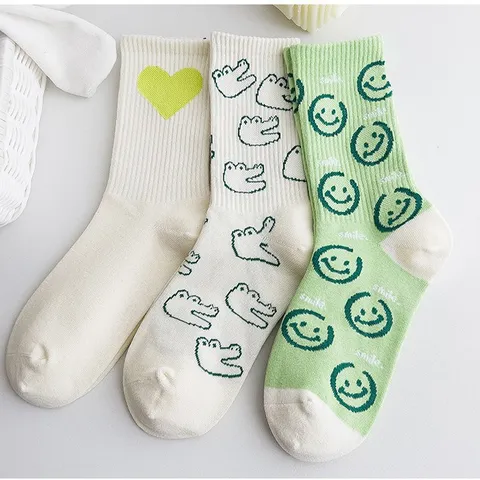 Chaussettes Mi-Hautes pour Femmes Mignon Cartoon Sourire Dinosaure Cœur Motif Coton Respirant Décontracté Tendance Vêtements Quotidiens