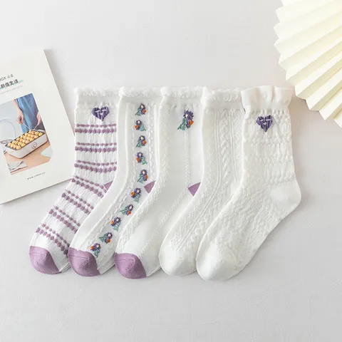 Women's Japanese JK Style Cute Cotton Mid-Calf Socks Sweet Lace Bubble Mouth Purple Floral Heart Embroidery Fashion Hosiery