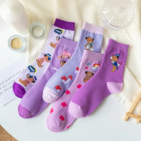 Damen Süß Cartoon Bär Druck Wadenhoch Baumwolle Socken Taro Lila Lässig Süß Täglich Ganzjährig Socken