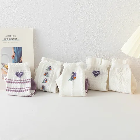 Women's Japanese JK Style Cute Cotton Mid-Calf Socks Sweet Lace Bubble Mouth Purple Floral Heart Embroidery Fashion Hosiery