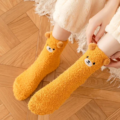 Damen Winter Korallenfleece Verdickte Wadenlange Socken Süße 3D Bärenohren Bestickung Warm Zuhause Boden Schlaf Socken