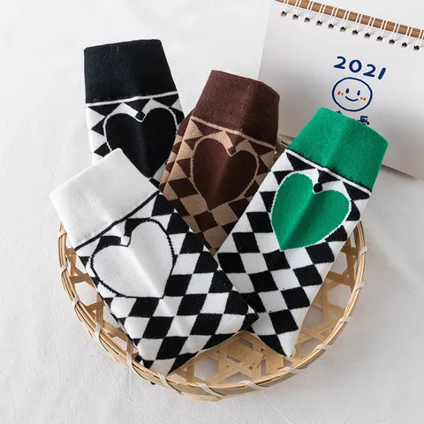 Chaussettes en Coton Mi-Bas Motif Cœur Argyle Style Coréen pour Femmes Noir Blanc Vert Chaussettes Décontractées