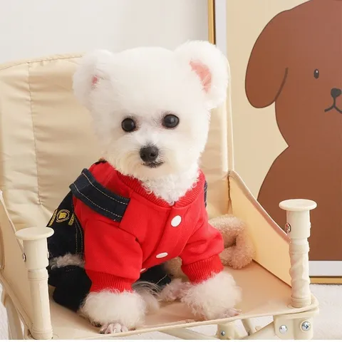 Pet Dog Clothes Warm Autumn Winter Fleece Thickened Denim Strap Hoodie Four-Leg Apparel For Small Dogs
