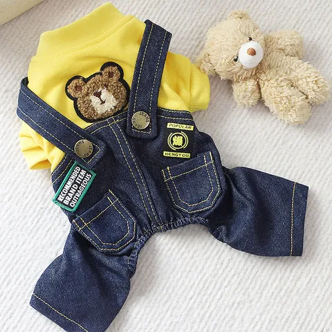 Pet Dog Clothes Warm Autumn Winter Fleece Thickened Denim Strap Hoodie Four-Leg Apparel For Small Dogs