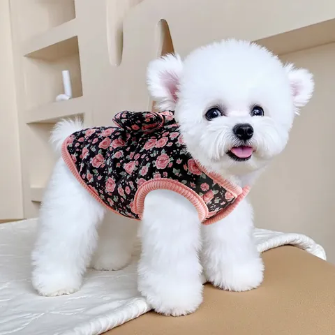 Small Dog Winter Warm Cotton Vest Cute Floral Fleece Lined Puppy Clothes With D-Ring Bowknot Pet Apparel