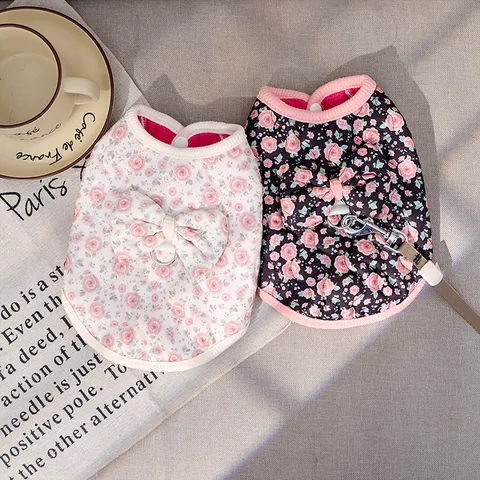 Small Dog Winter Warm Cotton Vest Cute Floral Fleece Lined Puppy Clothes With D-Ring Bowknot Pet Apparel