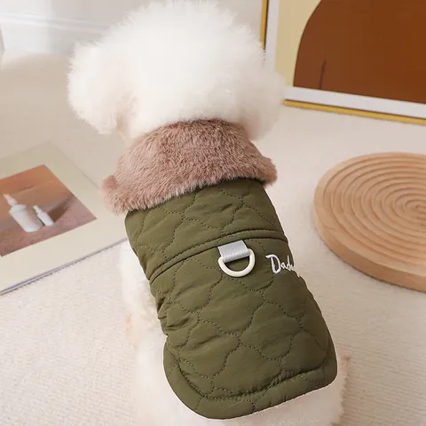 Winter Warm Dog Cotton Coat With Traction Ring Quilted Puppy Jacket For Small Dogs Teddy Yorkshire Pet Apparel