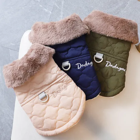 Winter Warm Dog Cotton Coat With Traction Ring Quilted Puppy Jacket For Small Dogs Teddy Yorkshire Pet Apparel