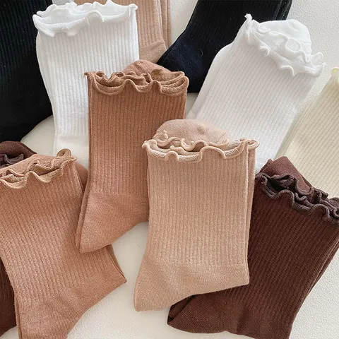 Women Mid Tube Socks Cotton Lettuce Edge Ruffled Slouch Socks Casual College Style Solid Color Socks
