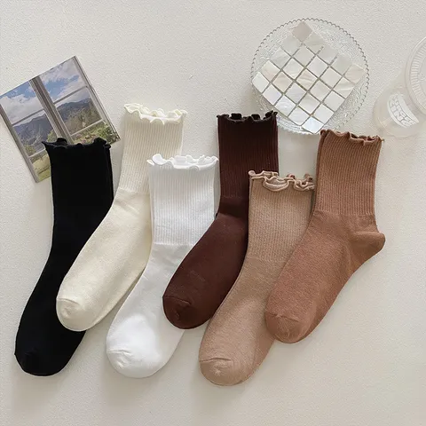 Women Mid Tube Socks Cotton Lettuce Edge Ruffled Slouch Socks Casual College Style Solid Color Socks