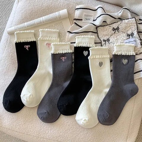 Sweet Bow Heart Embroidery Women Mid-Calf Socks Double Ribbed Ruffle Cuff Cotton Casual Fashion Hosiery