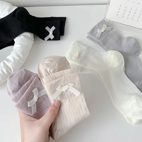 Women's Cute Bow Mesh Breathable Crystal Silk Crew Socks Sweet Style Lolita Mid Tube Socks