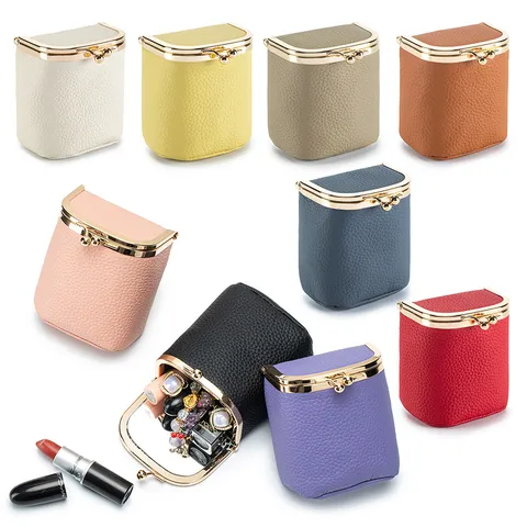 Sac à Rouge à Lèvres en Cuir Véritable avec Fermoir à Baiser pour Femmes Porte-monnaie Portable en Cuir de Vachette avec Miroir Mini Pochette Rétro