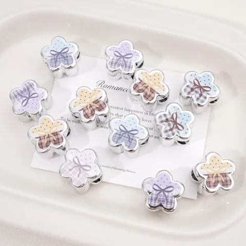 Vintage Checkered Polka Dot Double Sided Flower Acrylic Beads DIY Jewelry Making Handmade Bracelet Crafting Accessories