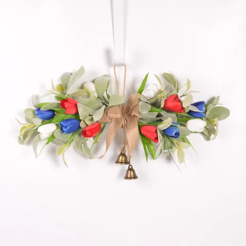 Artificial Flower Wreath Wall Hanging Tulip Rabbit Ear Leaf Home Door Wall Decor Independence Day Party Decoration