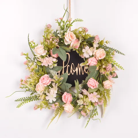 Nordic Style Artificial Rose Flower Wreath Door Hanging Green Plant Wall Decor For Home Wedding Party Decoration