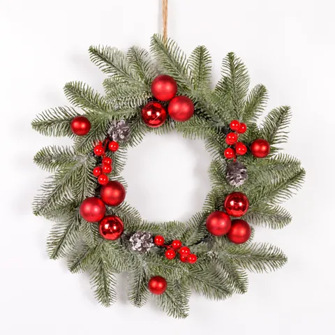 Christmas Wreath Artificial Pine Needle Hanging Door Decoration With Pine Cones Balls For Home Holiday Party Decor