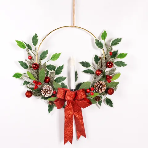 Christmas Iron Ring Garland Candle Holder Artificial Pine Needles Red Berries Bow LED Holiday Home Door Hanging