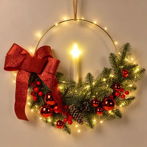 Christmas Wreath Candle Holder Iron Ring Pine Needles Red Gold Silver Bowknot Front Door Hanging Wall Decor Home Festive Party Decoration