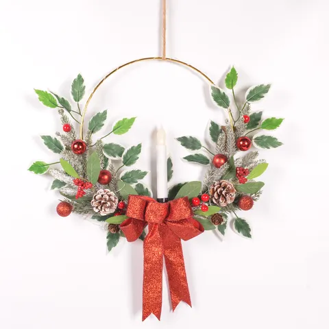 Christmas Iron Ring Garland Candle Holder Artificial Pine Needles Red Berries Bow LED Holiday Home Door Hanging