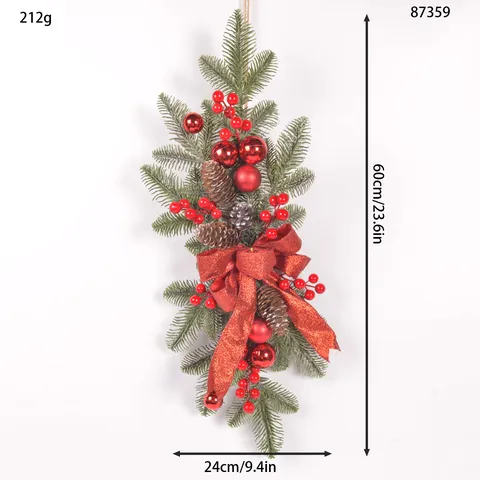 Christmas Wreath Pine Needle Garland Front Door Hanging Decoration With Pinecones Berries And Bow For Holiday Home Decor