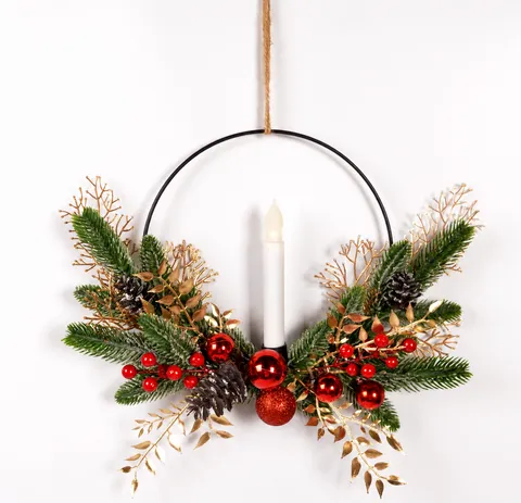 Christmas Wreath Pine Needle Garland With Pine Cones Red Berries Gold Leaves For Front Door Wall Fireplace Holiday Home Decor