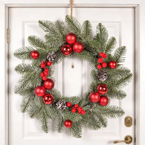 Christmas Wreath Artificial Pine Needle Hanging Door Decoration With Pine Cones Balls For Home Holiday Party Decor