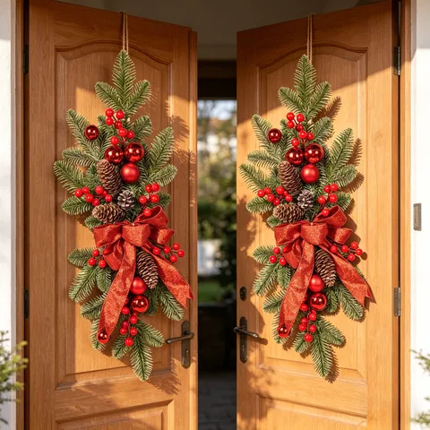 Christmas Wreath Pine Needle Garland Front Door Hanging Decoration With Pinecones Berries And Bow For Holiday Home Decor