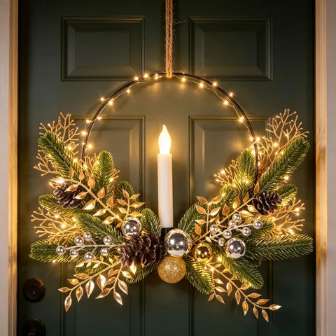 Christmas Wreath Pine Needle Garland With Pine Cones Red Berries Gold Leaves For Front Door Wall Fireplace Holiday Home Decor