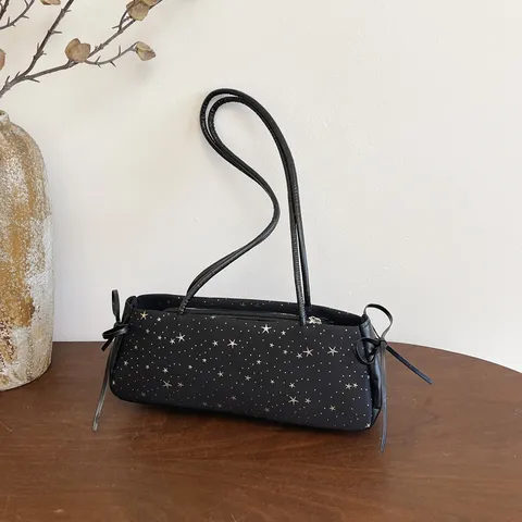 Bolso Baguette Minimalista de Cuero PU con Estampado de Estrellas para Mujer Moda Commuter Bajo el Brazo Bolso de Hombro con Detalle de Lazo