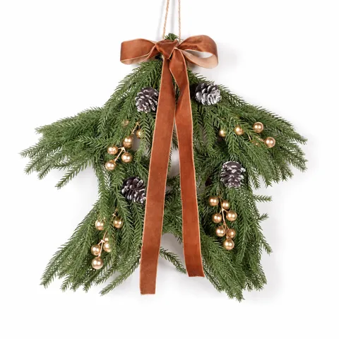 Christmas Star Garland Wreath Wall Hanging Festive Home Decor Artificial Pine Needle Berry Door Hanging Holiday Party Ornament