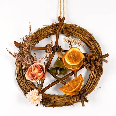 Vintage Christmas Mini Wreath Five-Pointed Star Rattan Dried Flower Pinecone Wall Hanging Home Door Decor