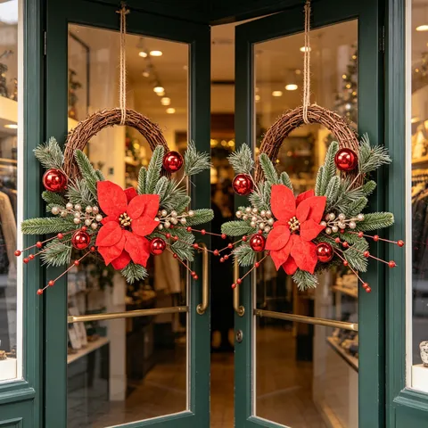 Christmas Rattan Wreath Decoration Simulation Poinsettia Pine Branch Berry Door Hanging Wall Ornament Festive Party Decor