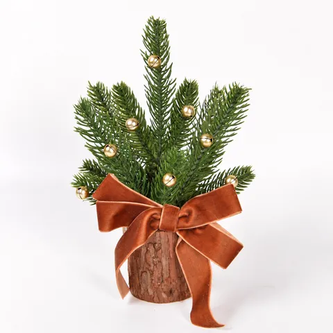 Mini Christmas Tree Tabletop Ornament Wooden Base Artificial Pine with Bell and Velvet Bow for Holiday Home Decor