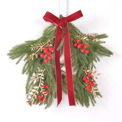 Christmas Star Garland Wreath Wall Hanging Festive Home Decor Artificial Pine Needle Berry Door Hanging Holiday Party Ornament