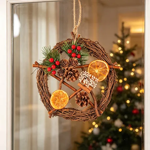 Vintage Christmas Mini Wreath Five-Pointed Star Rattan Dried Flower Pinecone Wall Hanging Home Door Decor