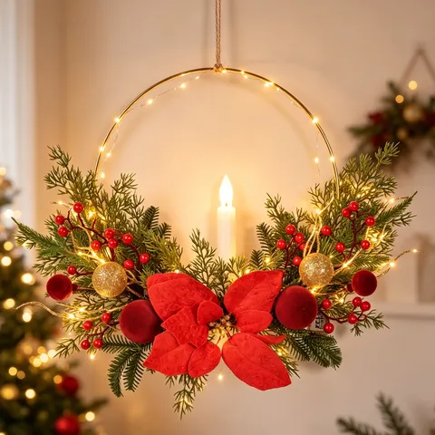 Or Rouge Noël Anneau en Fer Décoration Suspendue Poinsettia Artificiel Boule Flanquée Bougeoir Décoration Murale de Fête