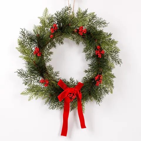 Artificial Christmas Wreath Pine Branches Red Berries Velvet Bow Festival Door Hanging Wall Decoration Home Decor