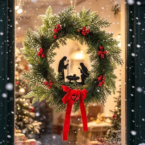 Artificial Christmas Wreath Pine Branches Red Berries Velvet Bow Festival Door Hanging Wall Decoration Home Decor
