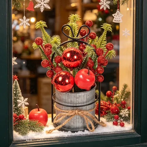 Weihnachts-Desktop-Topf-Ornament Schmiedeeisen Verzinkter Eimer Künstliche Tannenzweige Beeren Feiertag Heimdekoration