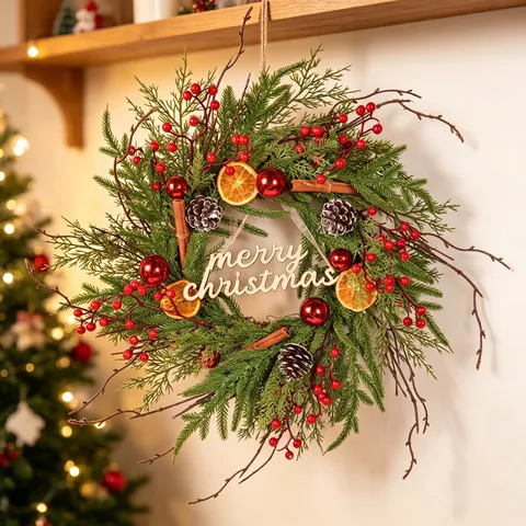 Retro Christmas Wreath Norfolk Pine Needle Door Hanging Dried Orange Slice Holiday Home Decor
