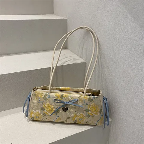 Nuevo Estilo Chino Bolso de Hombro de Brocado Mujer Bordado Floral Bolso Underarm Lazo Encaje Bolso Casual Tote