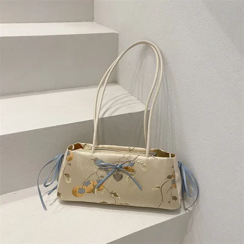 Nuevo Estilo Chino Bolso de Hombro de Brocado Mujer Bordado Floral Bolso Underarm Lazo Encaje Bolso Casual Tote