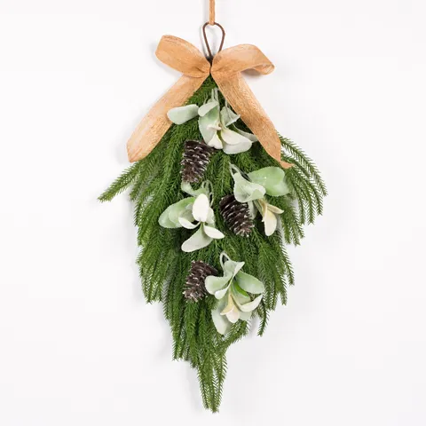 Christmas Teardrop Hanging Artificial Norfolk Pine Needle Lambs Ear Leaf Pinecone Garland Home Stair Door Window Decor